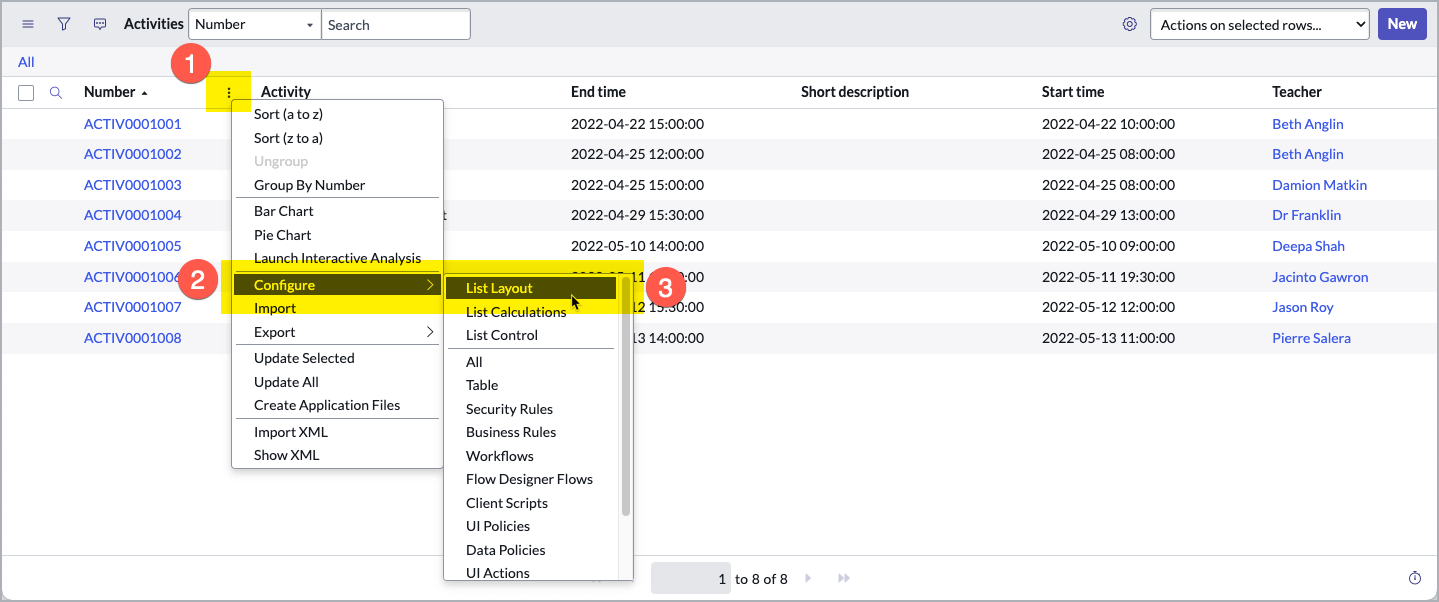 Configure list layout menu